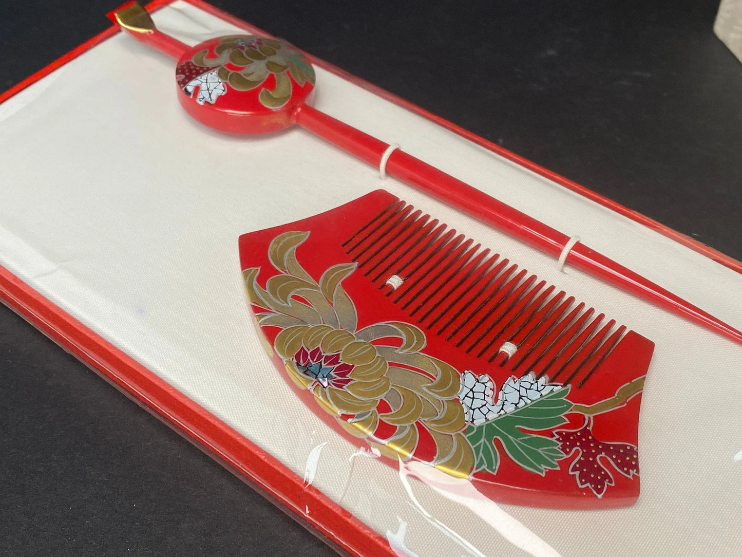 Japanese Maiko Geisha Hair Accessories Set Comb+ Hair Pin, Red & Gold, Bride Kanzashi, Kimono hair stick w/co-box