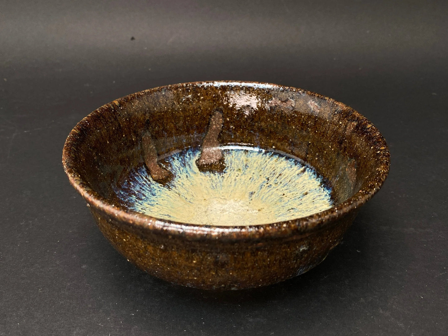 Nippon Ash Glaze Chawan, Made in Japan, fabulous Ash glaze TEA BOWL w/signature, White & Brown,