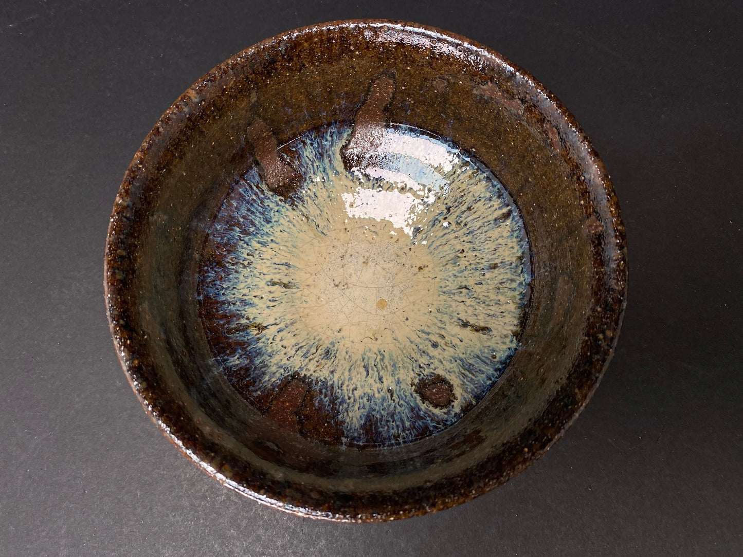 Nippon Ash Glaze Chawan, Made in Japan, fabulous Ash glaze TEA BOWL w/signature, White & Brown,