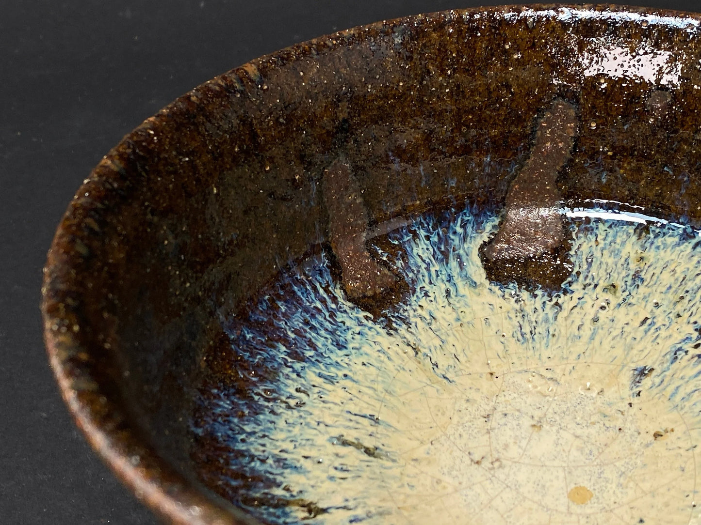 Nippon Ash Glaze Chawan, Made in Japan, fabulous Ash glaze TEA BOWL w/signature, White & Brown,