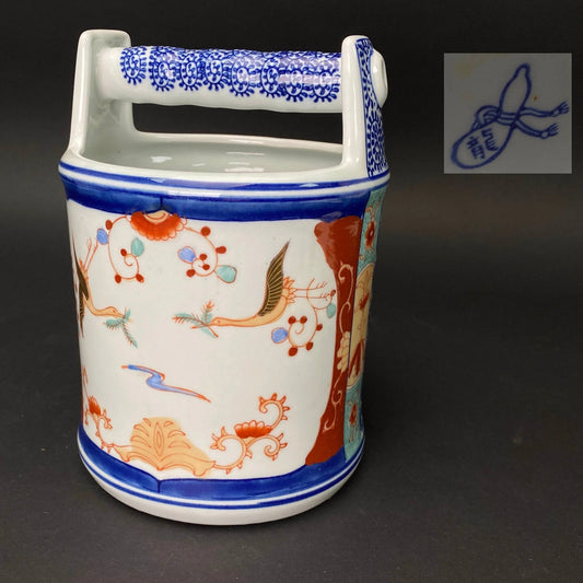 Japanese Ikebana Bucket Vase H8”, Brush Pot, Blue & White Porcelain cylinder, Gold Crane pattern hand painted