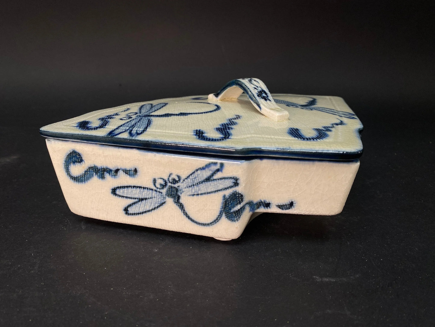 Japanese Fan Shape lidded Bowl signed, with original box, Trinket, ceramic Dish W9" w/wooden co-box, Blue & White, Dragonfly pattern