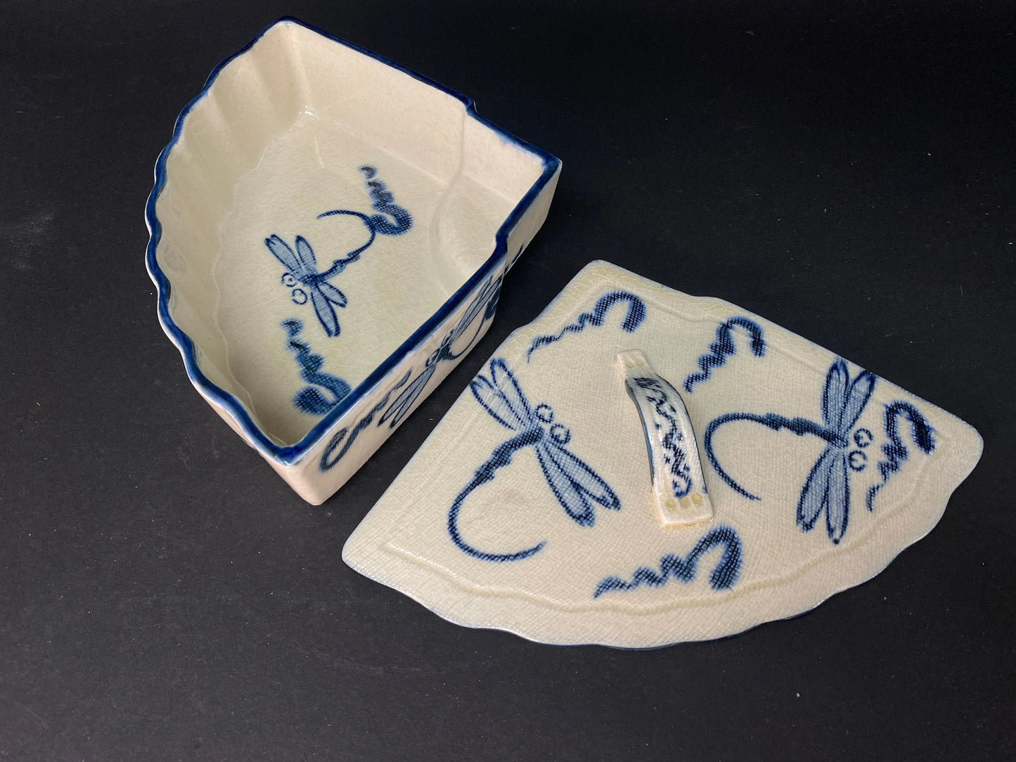 Japanese Fan Shape lidded Bowl signed, with original box, Trinket, ceramic Dish W9" w/wooden co-box, Blue & White, Dragonfly pattern
