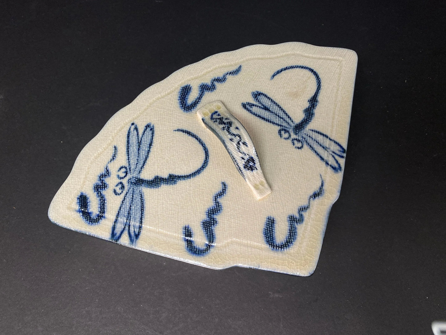 Japanese Fan Shape lidded Bowl signed, with original box, Trinket, ceramic Dish W9" w/wooden co-box, Blue & White, Dragonfly pattern