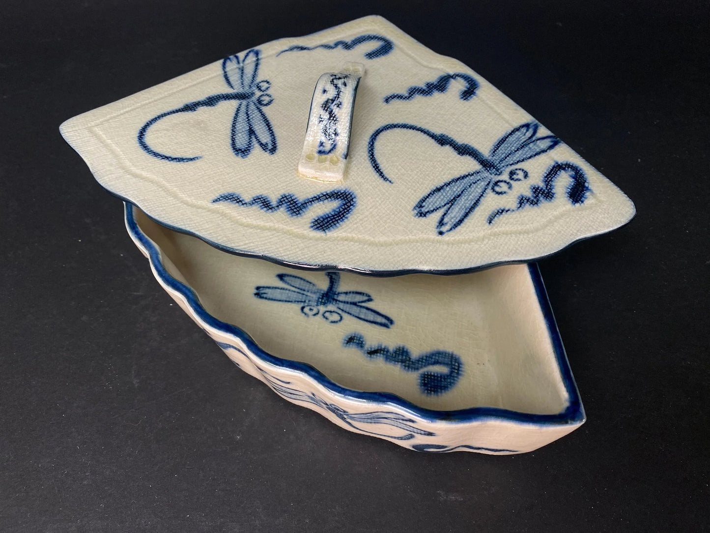 Japanese Fan Shape lidded Bowl signed, with original box, Trinket, ceramic Dish W9" w/wooden co-box, Blue & White, Dragonfly pattern