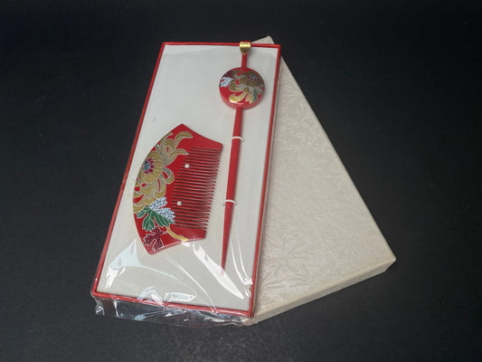 Japanese Maiko Geisha Hair Accessories Set Comb+ Hair Pin, Red & Gold, Bride Kanzashi, Kimono hair stick w/co-box
