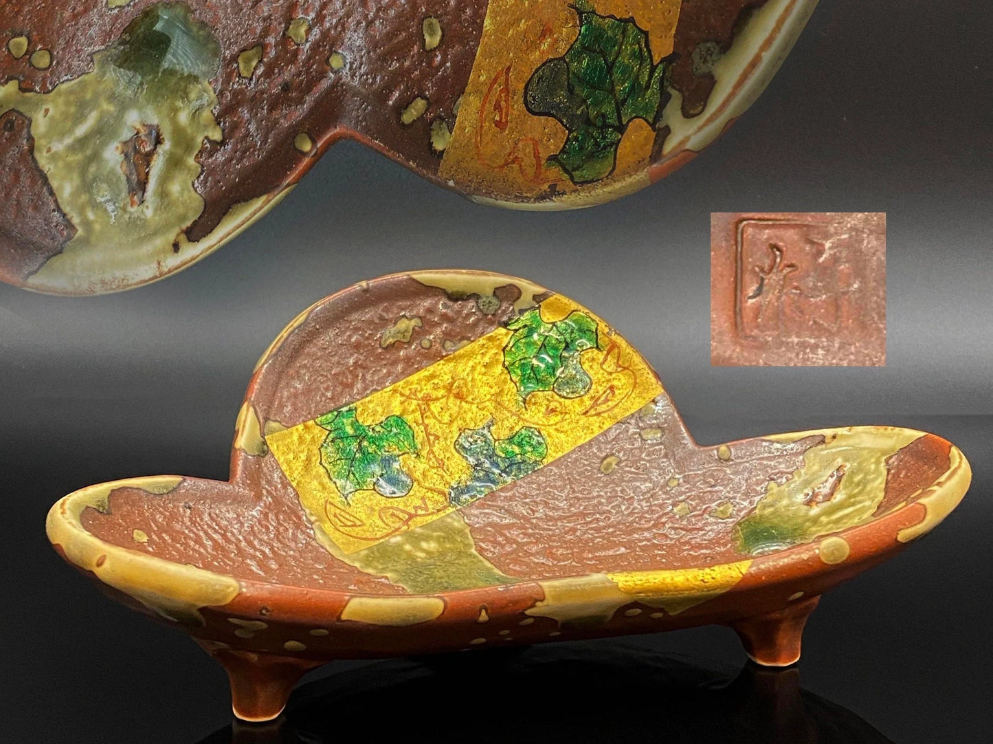 Japanese Gold uinique Plate Art Pottery, maker signed, leaf shape Dessert trinket, Leaf Pattern hand painted
