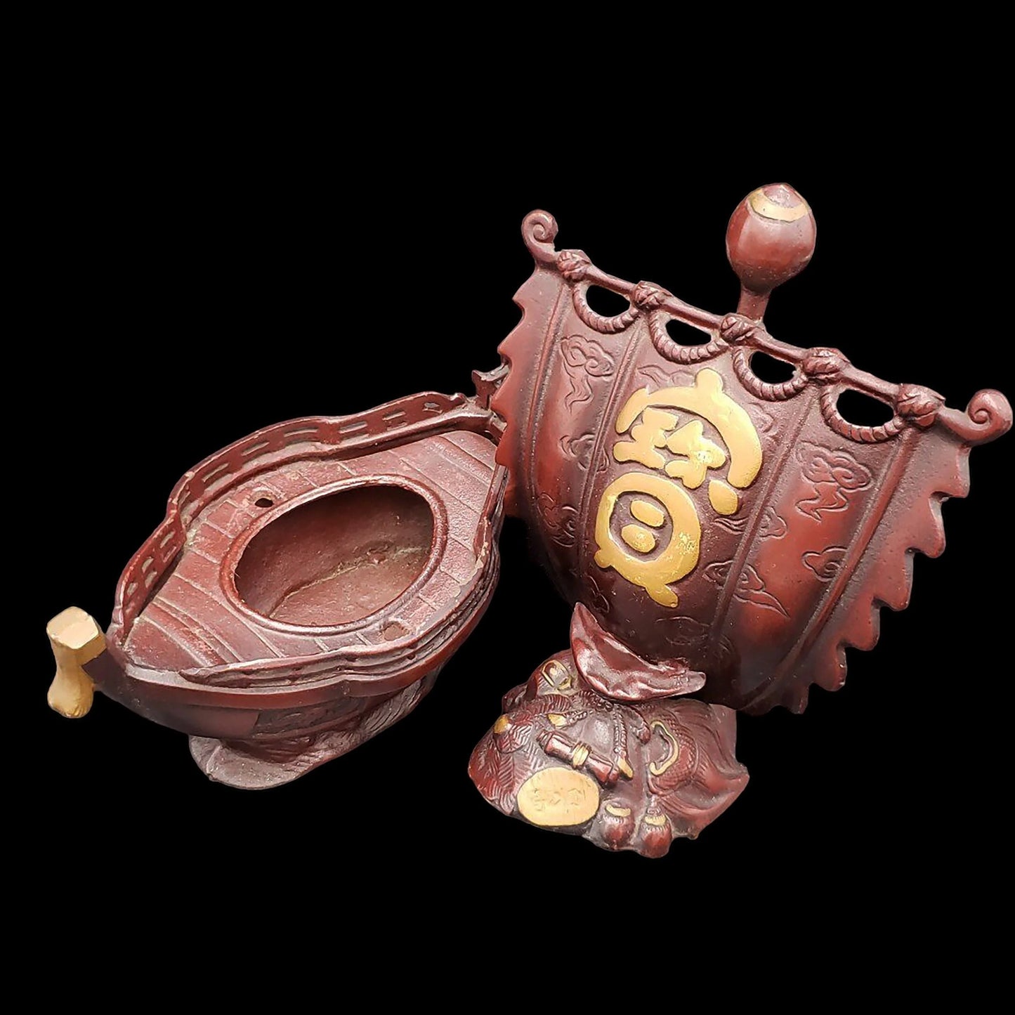 Cast Iron Treasure Ship Red RARE Statue with cushion, H13.5" Japanese Seven Lucky Gods Figurine, replica Art Sculpture!