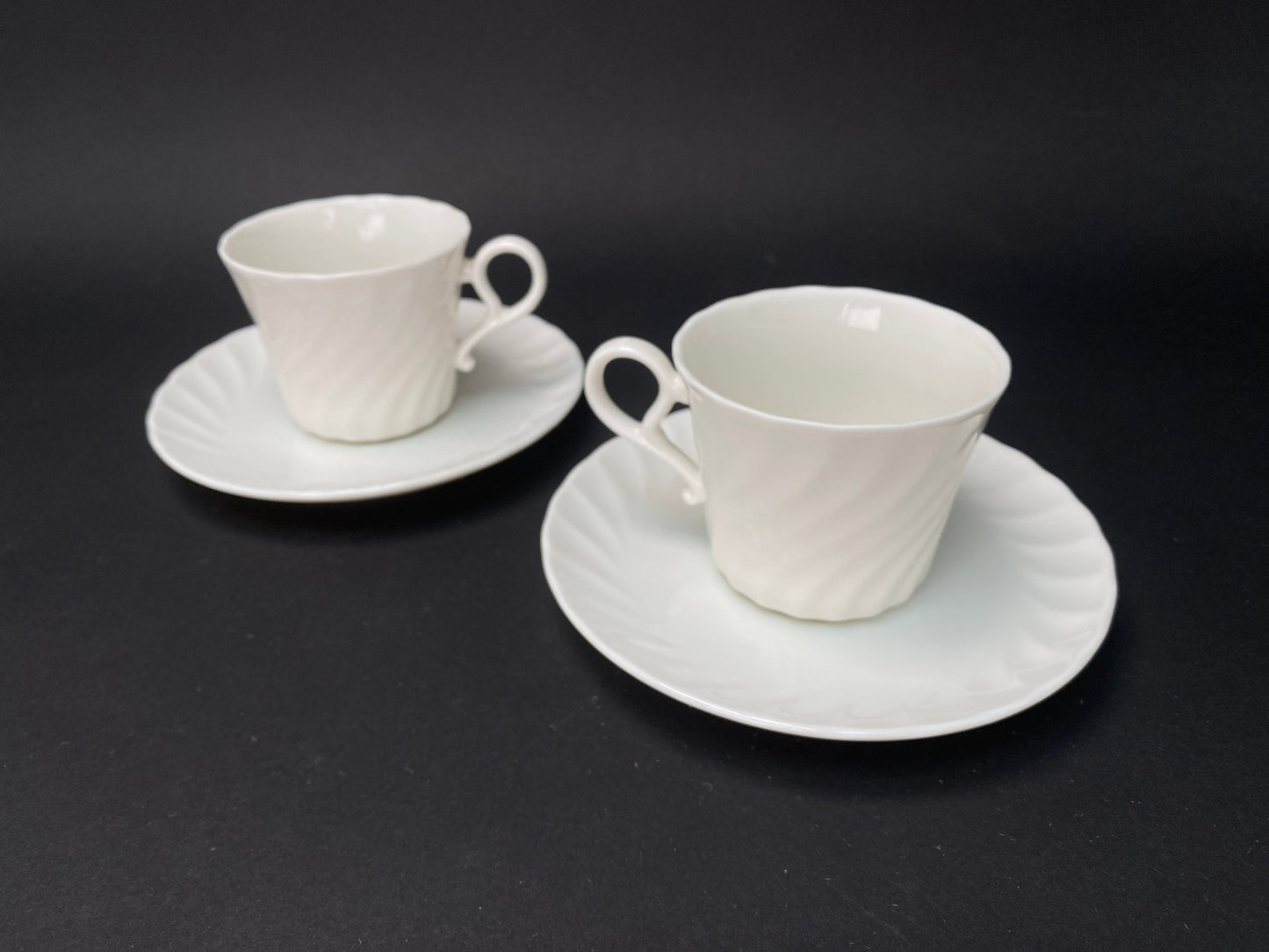 Japan Narumi PAIR Tea Cup, Coffee Cup & Saucer, with box, White porcelain set, elegant Design, Made in Japan, Vintage