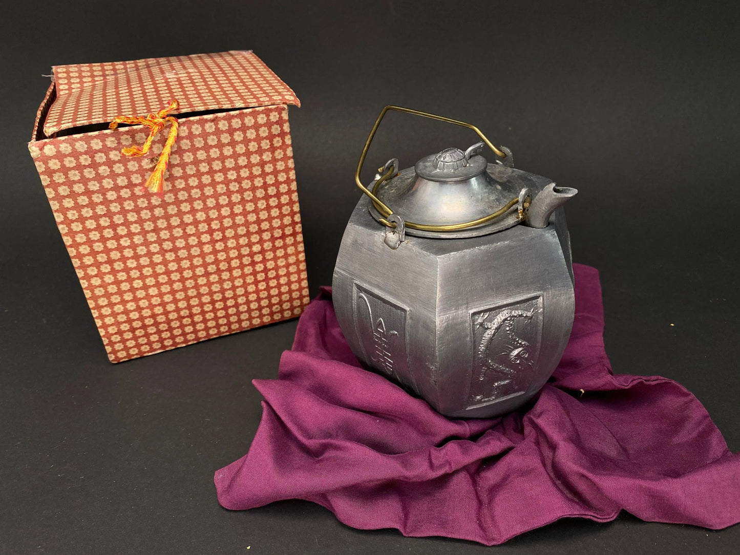 Tin Tea pot full set from Japan, warm/cold sake pot, double layer, hand crafted, Animal Spout, from Japan
