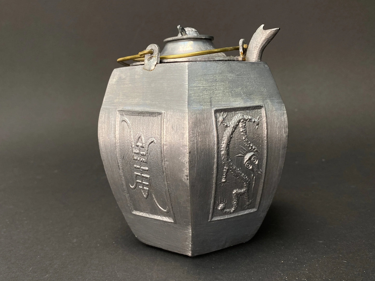 Tin Tea pot full set from Japan, warm/cold sake pot, double layer, hand crafted, Animal Spout, from Japan