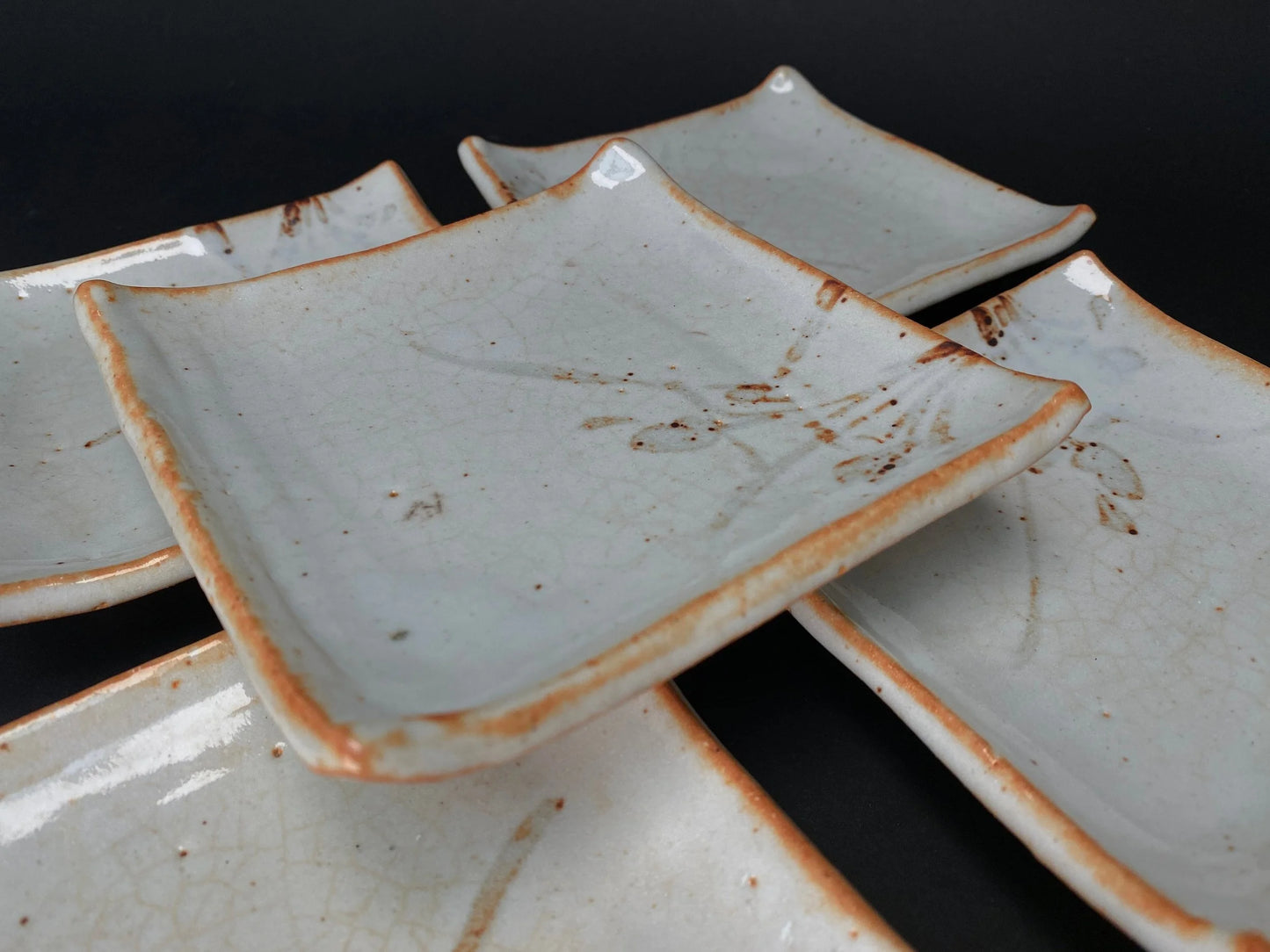 Rare Shino ware Set of 5 plates, small plates by Shozan, Square Dish, Mino ware dessert bowls with Co-Box