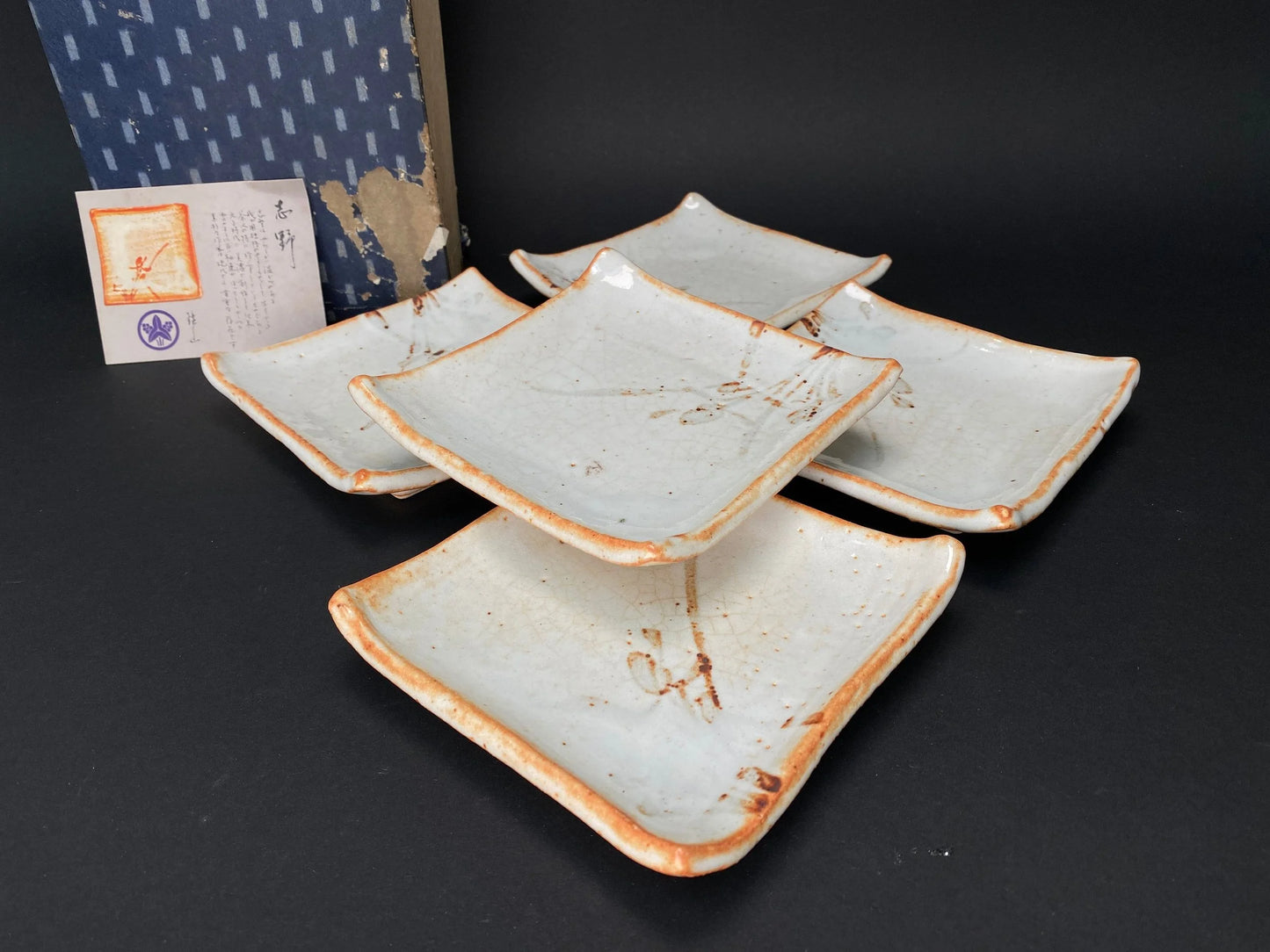 Rare Shino ware Set of 5 plates, small plates by Shozan, Square Dish, Mino ware dessert bowls with Co-Box