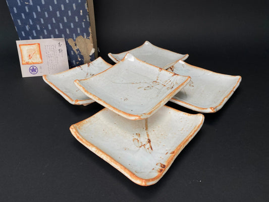 Rare Shino ware Set of 5 plates, small plates by Shozan, Square Dish, Mino ware dessert bowls with Co-Box