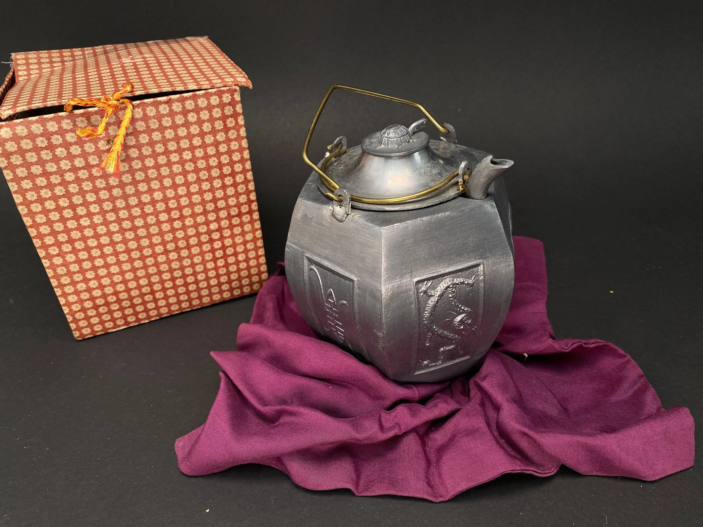 Tin Tea pot full set from Japan, warm/cold sake pot, double layer, hand crafted, Animal Spout, from Japan