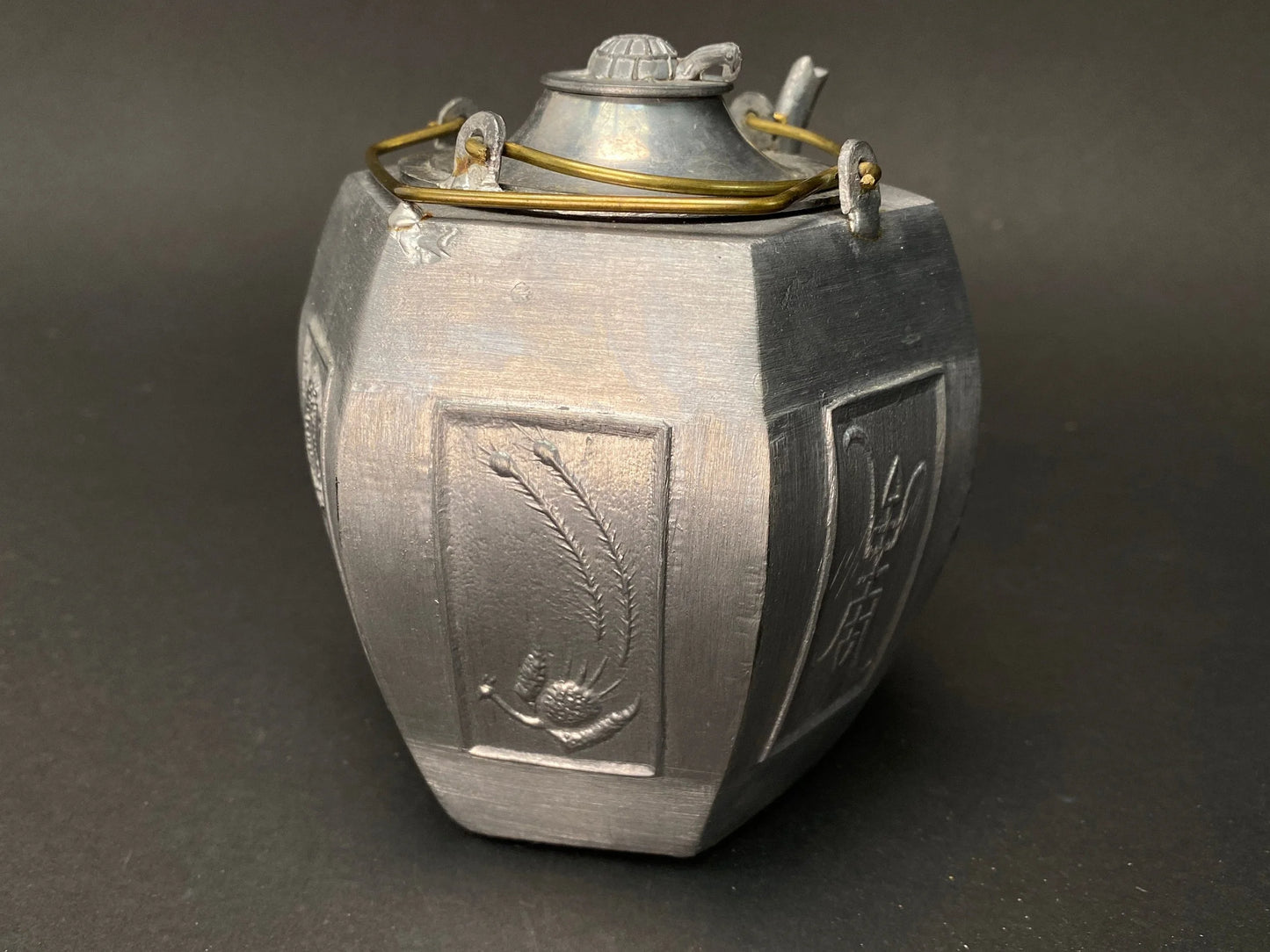 Tin Tea pot full set from Japan, warm/cold sake pot, double layer, hand crafted, Animal Spout, from Japan