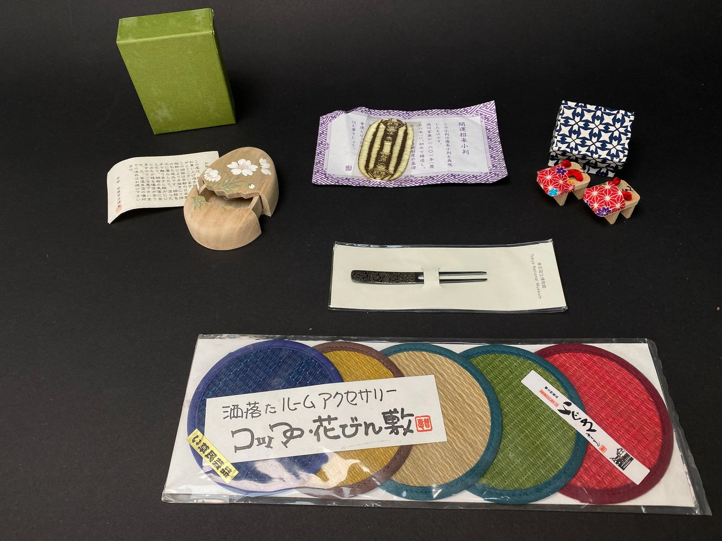 Japanese Traditional ornament, wooden box, lucky Oban Koban, Geta Ornament, Stainless Fork, 5 Cup Mat, Made in Japan