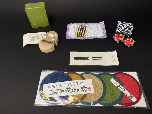 Japanese Traditional ornament, wooden box, lucky Oban Koban, Geta Ornament, Stainless Fork, 5 Cup Mat, Made in Japan