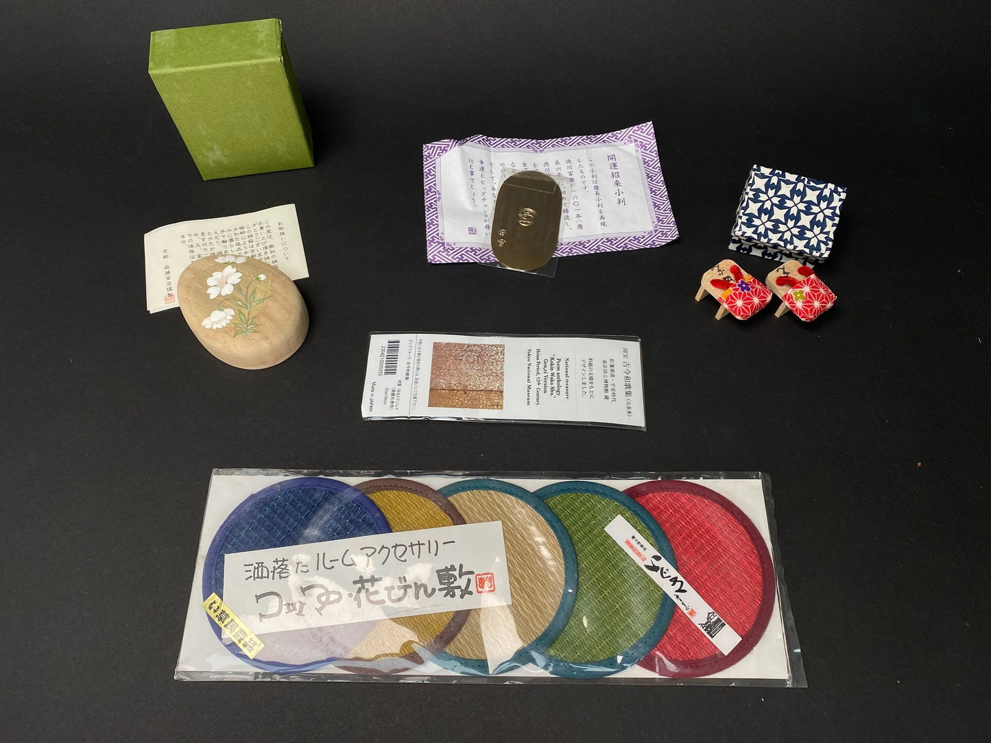 Japanese Traditional ornament, wooden box, lucky Oban Koban, Geta Ornament, Stainless Fork, 5 Cup Mat, Made in Japan