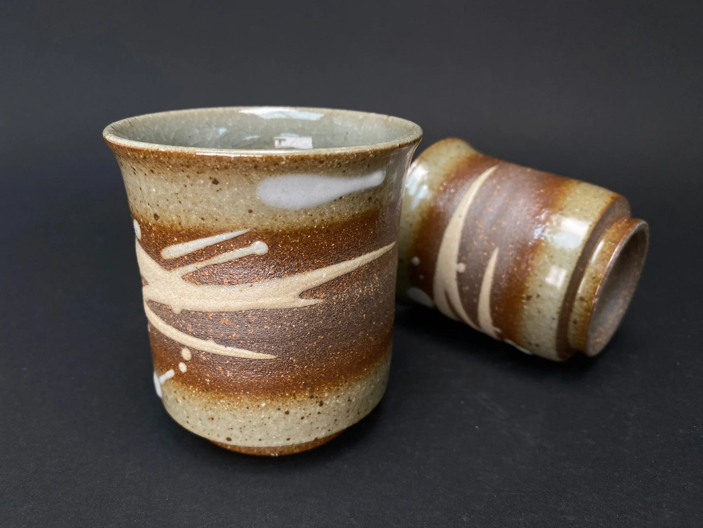 Japanese PAIRE Echizen Ware Yunomi Tea Cup Set, Kuninarigama Japanese Pottery, Signed Tomobako, Wabi Sabi Ceramic Teacups
