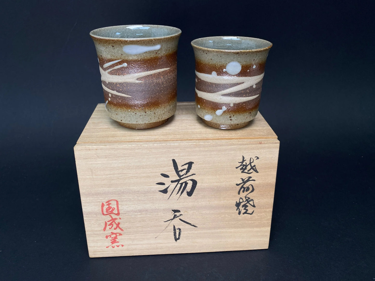 Japanese PAIRE Echizen Ware Yunomi Tea Cup Set, Kuninarigama Japanese Pottery, Signed Tomobako, Wabi Sabi Ceramic Teacups