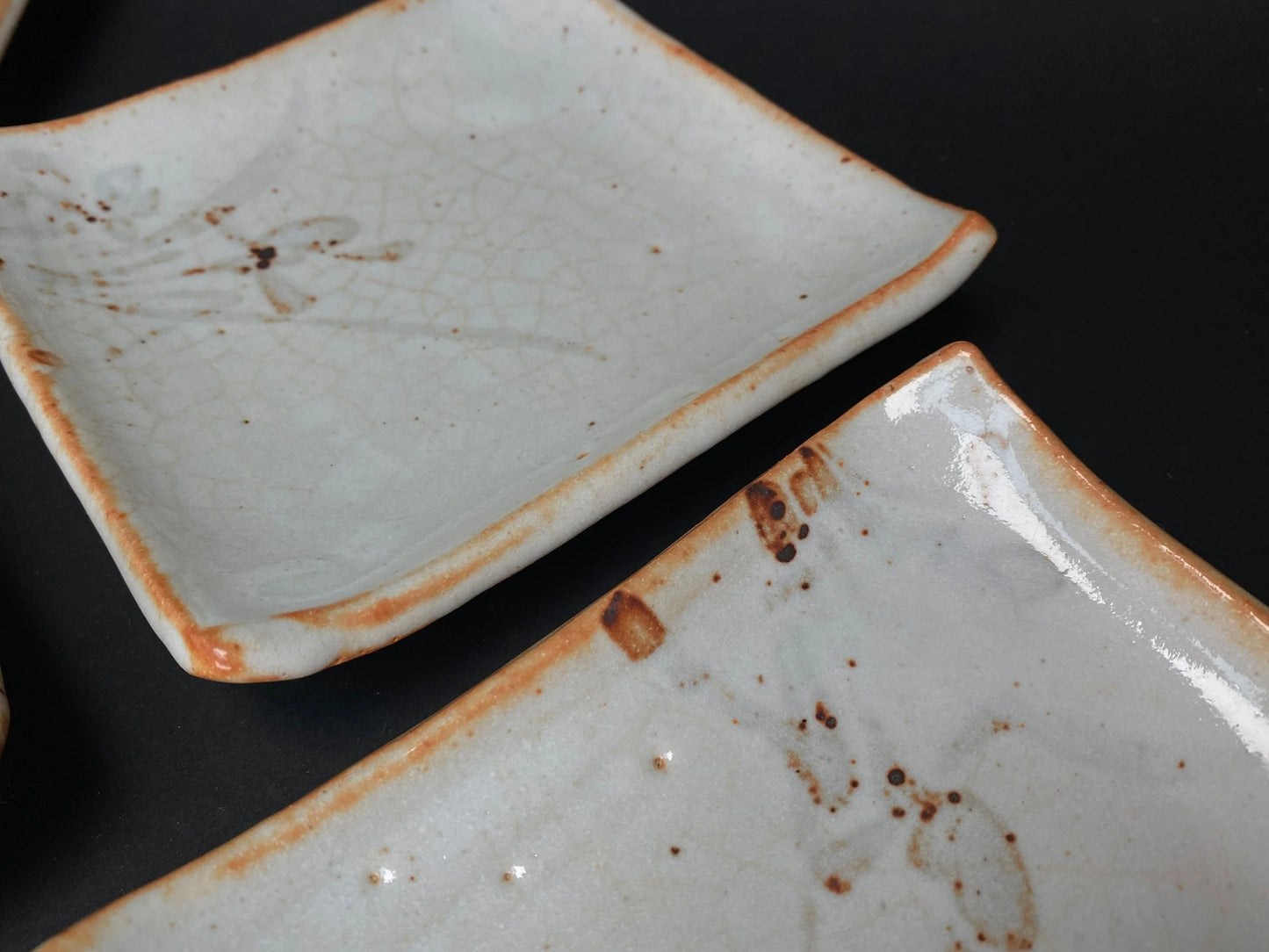 Rare Shino ware Set of 5 plates, small plates by Shozan, Square Dish, Mino ware dessert bowls with Co-Box
