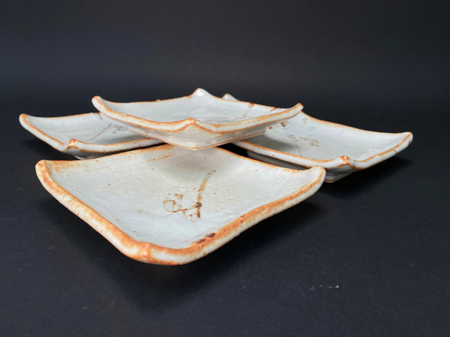 Rare Shino ware Set of 5 plates, small plates by Shozan, Square Dish, Mino ware dessert bowls with Co-Box
