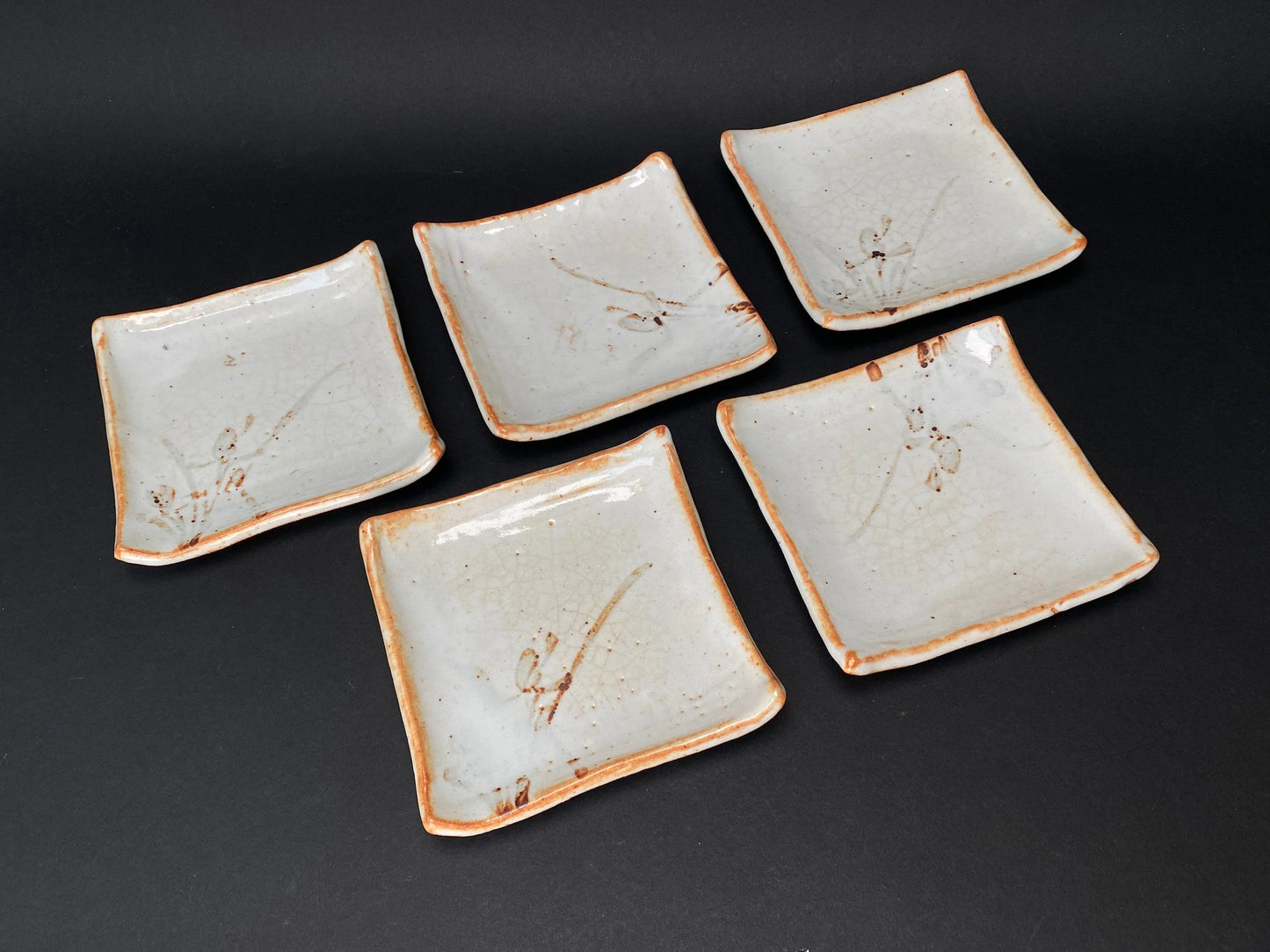 Rare Shino ware Set of 5 plates, small plates by Shozan, Square Dish, Mino ware dessert bowls with Co-Box