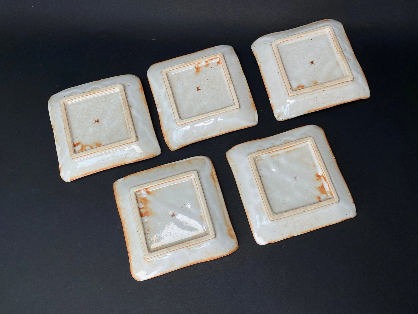 Rare Shino ware Set of 5 plates, small plates by Shozan, Square Dish, Mino ware dessert bowls with Co-Box