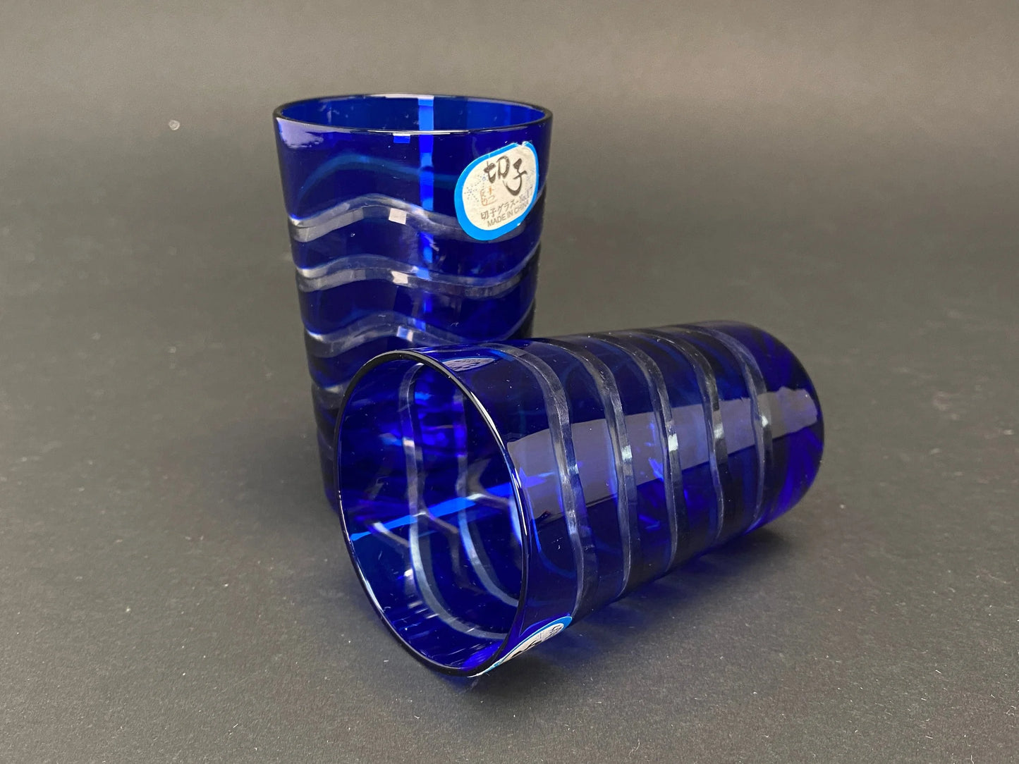 Japan Crystal Edo Kiriko cups,Pair Japanese Craft Shochu Sake Shots Glass, 60ml/2oz Blue 2pcs