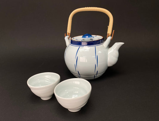 Tea Kettle Set, Japanese Ceramic Tea pot with handle, 2 Tea cups and tea kettle, Ball  shape, Vintage Art Porcelain, Blue and White,Big