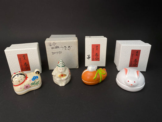 Japanese Zodiac Kogo incense container, Banko Ware Zodiac Signs,Handmade Tanko ware Incense Box,Dog, Monkey, Mouse &Rabbit Ornament