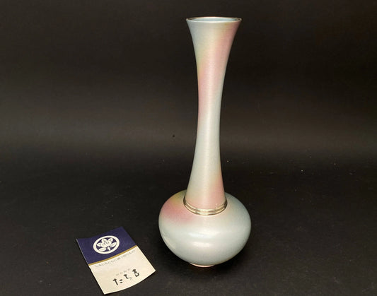 Japanese Bronze Ikebana Vase: vtg Crane Neck Pink and Blue Tachikichi table decor