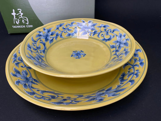 Tachikichi PAIR of Mint Confectionery yellow plates, Mid Century Modern Bowls, original gift box, Dia 10", Floral pattern,  Made in Japan