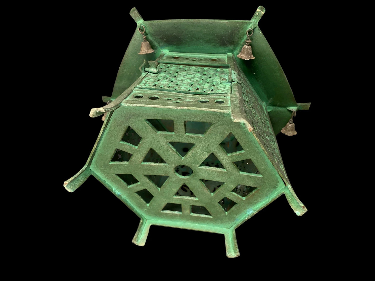 Antique Japanese Bronze Hanging Lantern, Large D12.2",Bronze Arabesque Hexagonal lantern, Buddhist Tools, Temple decor