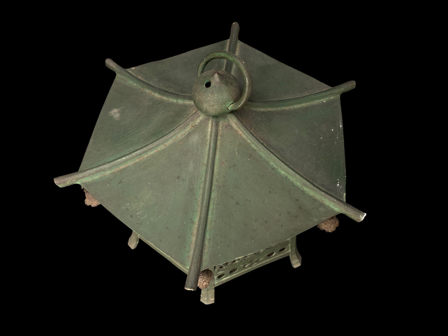 Antique Japanese Bronze Hanging Lantern, Large D12.2",Bronze Arabesque Hexagonal lantern, Buddhist Tools, Temple decor