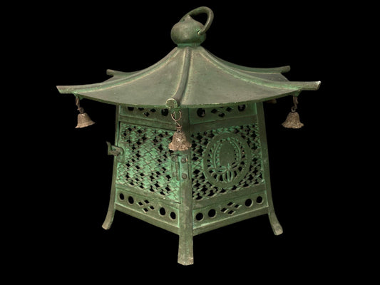 Antique Japanese Bronze Hanging Lantern, Large D12.2",Bronze Arabesque Hexagonal lantern, Buddhist Tools, Temple decor