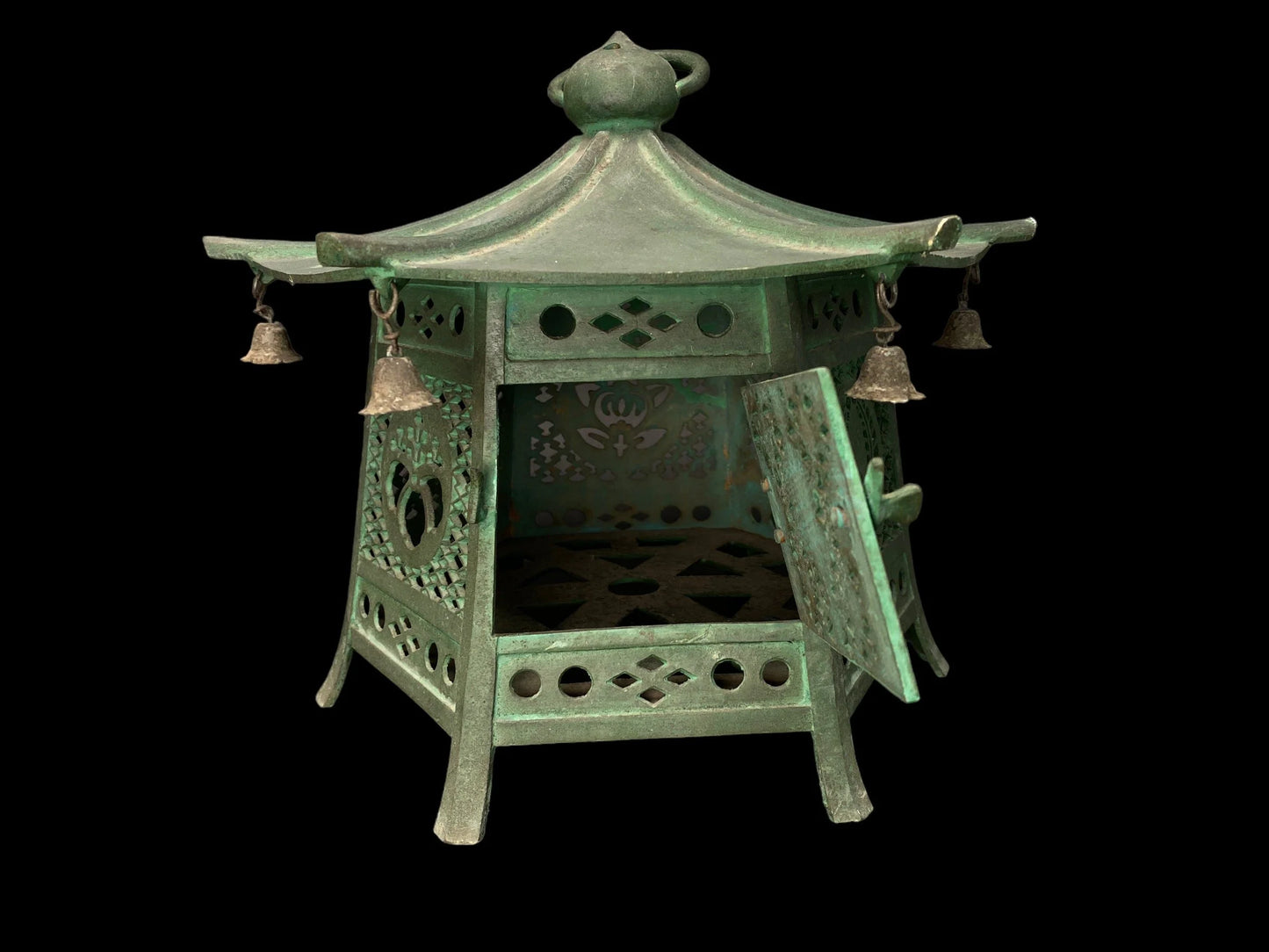 Antique Japanese Bronze Hanging Lantern, Large D12.2",Bronze Arabesque Hexagonal lantern, Buddhist Tools, Temple decor