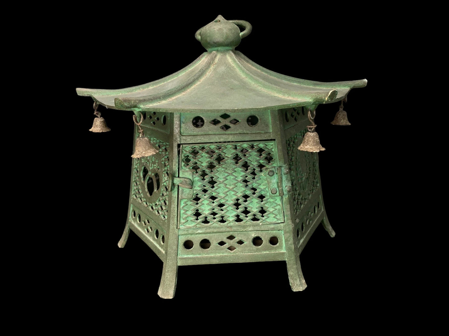 Antique Japanese Bronze Hanging Lantern, Large D12.2",Bronze Arabesque Hexagonal lantern, Buddhist Tools, Temple decor