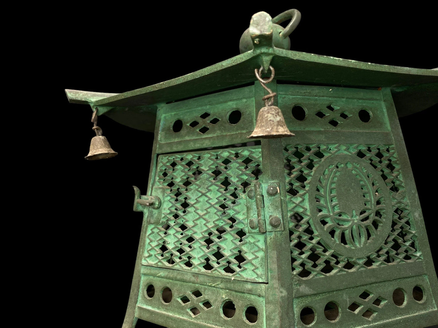 Antique Japanese Bronze Hanging Lantern, Large D12.2",Bronze Arabesque Hexagonal lantern, Buddhist Tools, Temple decor
