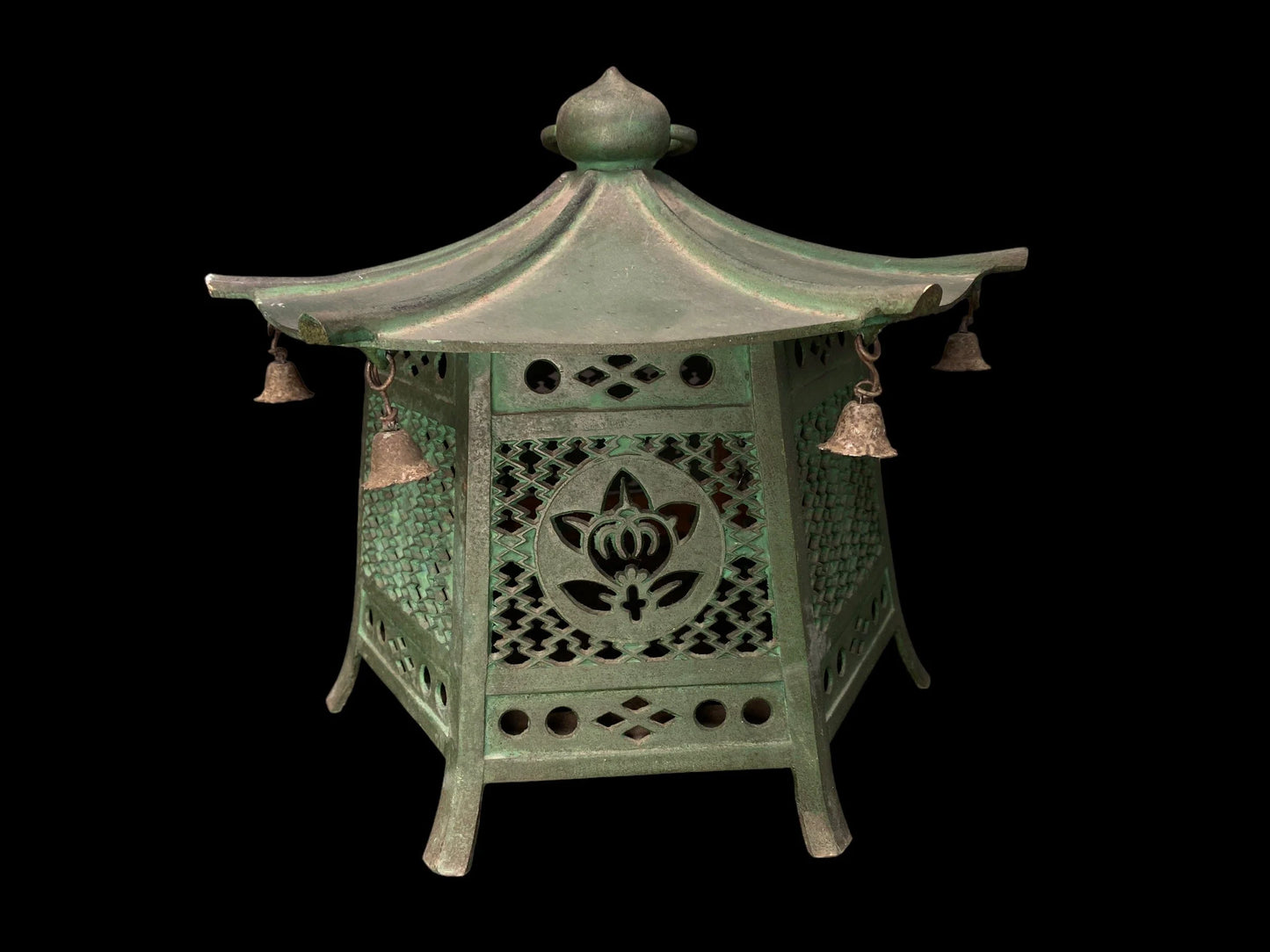 Antique Japanese Bronze Hanging Lantern, Large D12.2",Bronze Arabesque Hexagonal lantern, Buddhist Tools, Temple decor