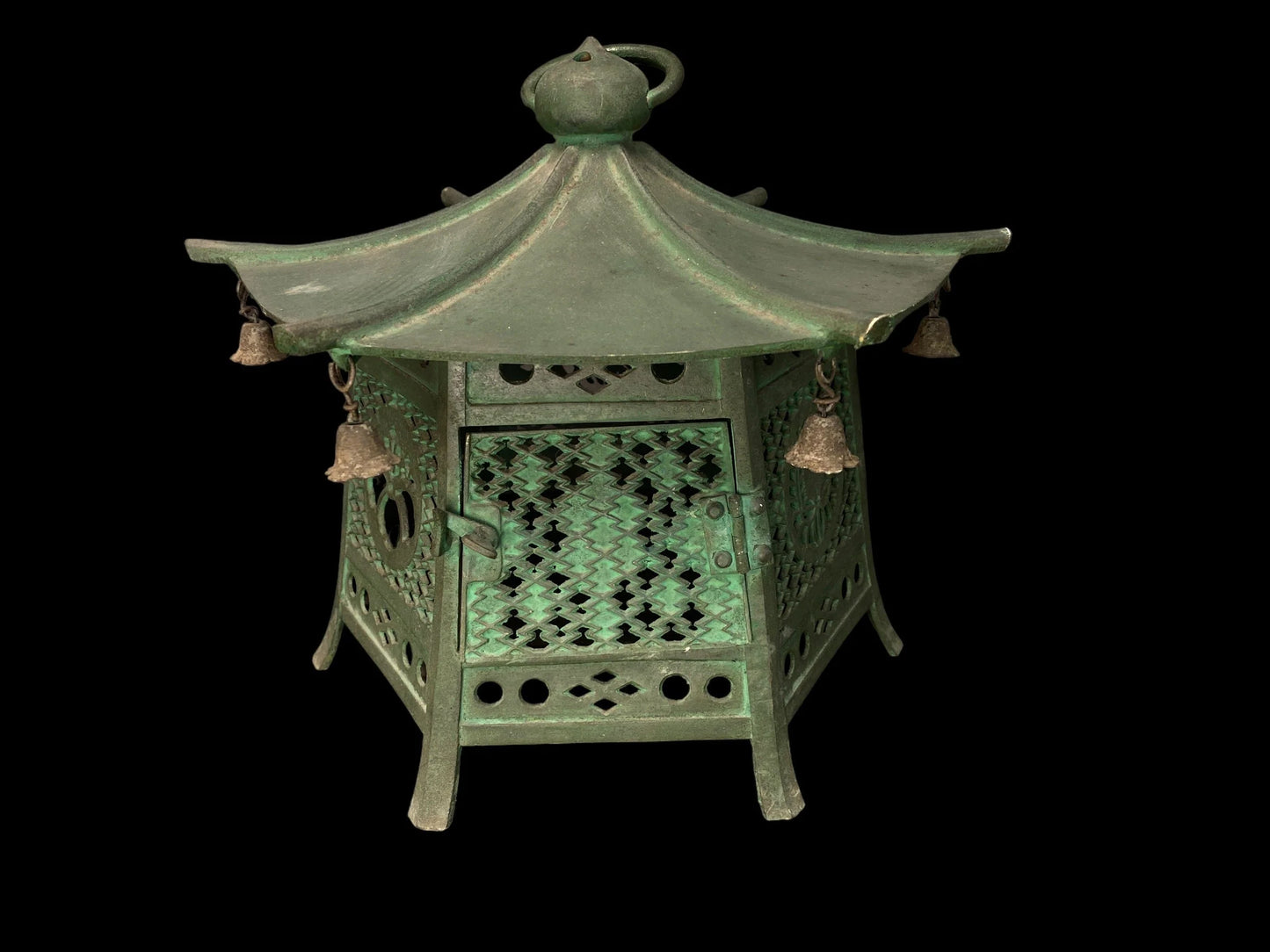 Antique Japanese Bronze Hanging Lantern, Large D12.2",Bronze Arabesque Hexagonal lantern, Buddhist Tools, Temple decor