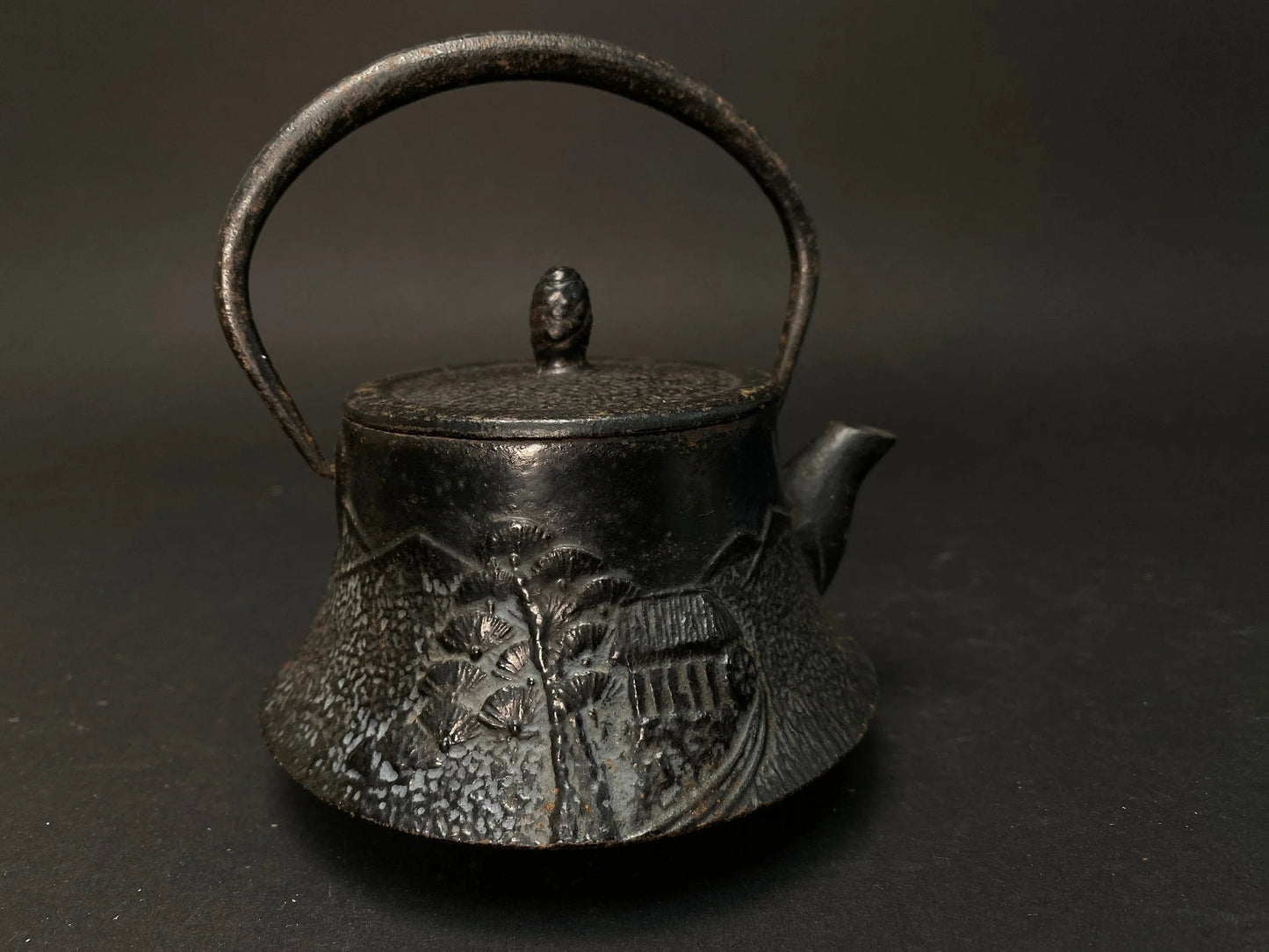 Nanbu Tekki small Black Teapot, Japanese hand Crafted kettle, Antique farm house and pine tree Pattern, 350ml, 12oz w/Infuser, Tea Kettle
