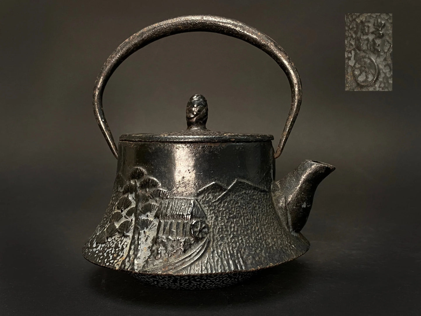 Nanbu Tekki small Black Teapot, Japanese hand Crafted kettle, Antique farm house and pine tree Pattern, 350ml, 12oz w/Infuser, Tea Kettle