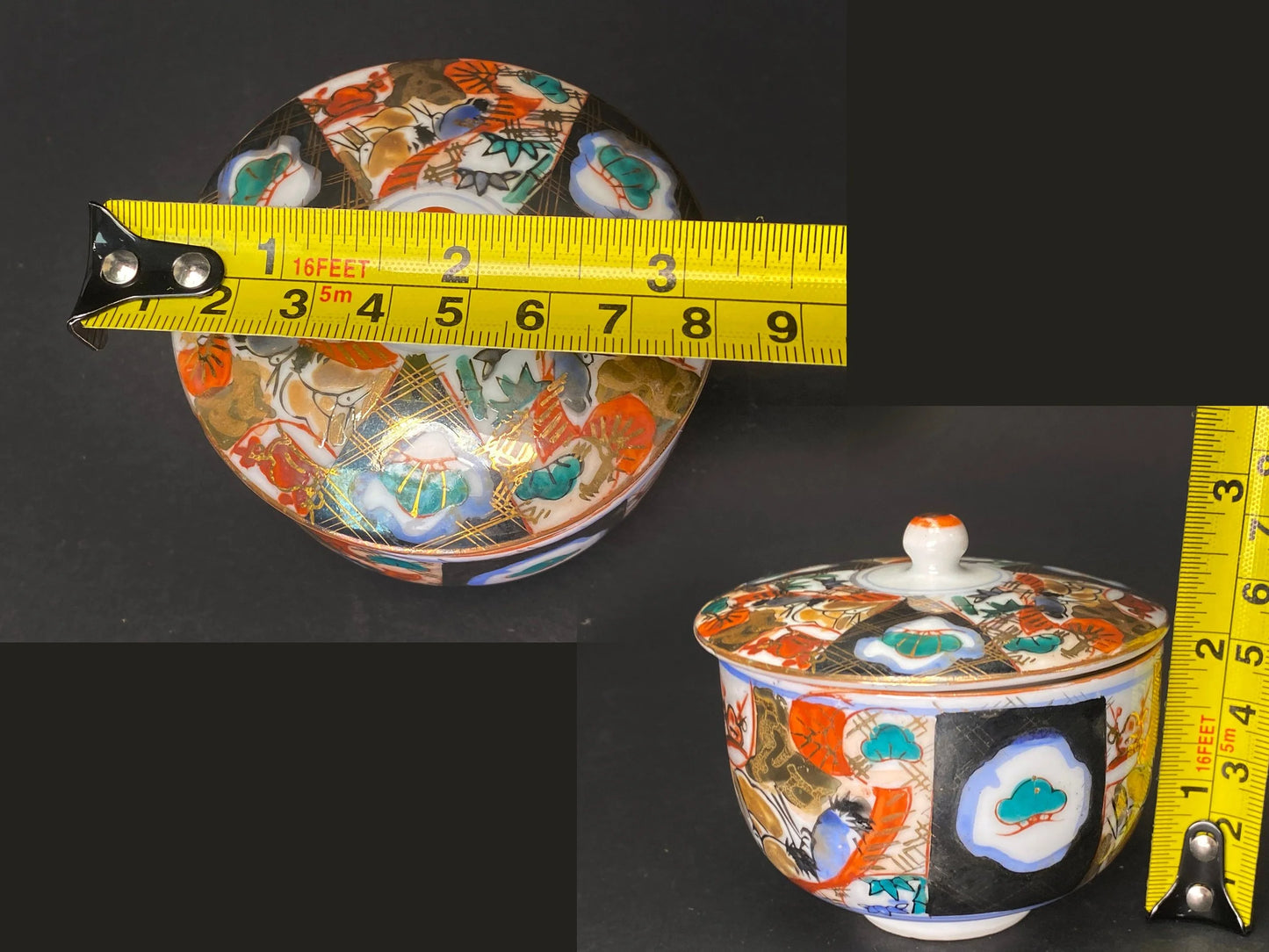 Teacup PAIR Kutani Yaki Ware, Lidded teacups, Yoshidaya style, couple cups, Floral Pattern Tea cup, Yellow Yunomi