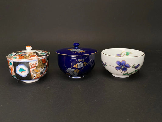 Teacup PAIR Kutani Yaki Ware, Lidded teacups, Yoshidaya style, couple cups, Floral Pattern Tea cup, Yellow Yunomi