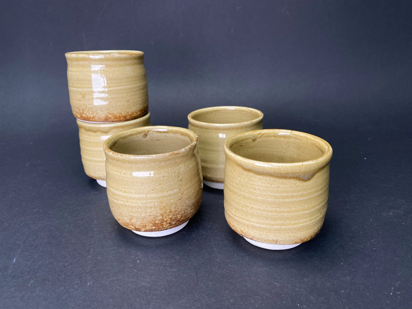 Sake Cups Set, Guinomi  Kiseto Seto Ware, Wabi Sabi wooden box signed, Yellow Ash glaze, Art Pottery