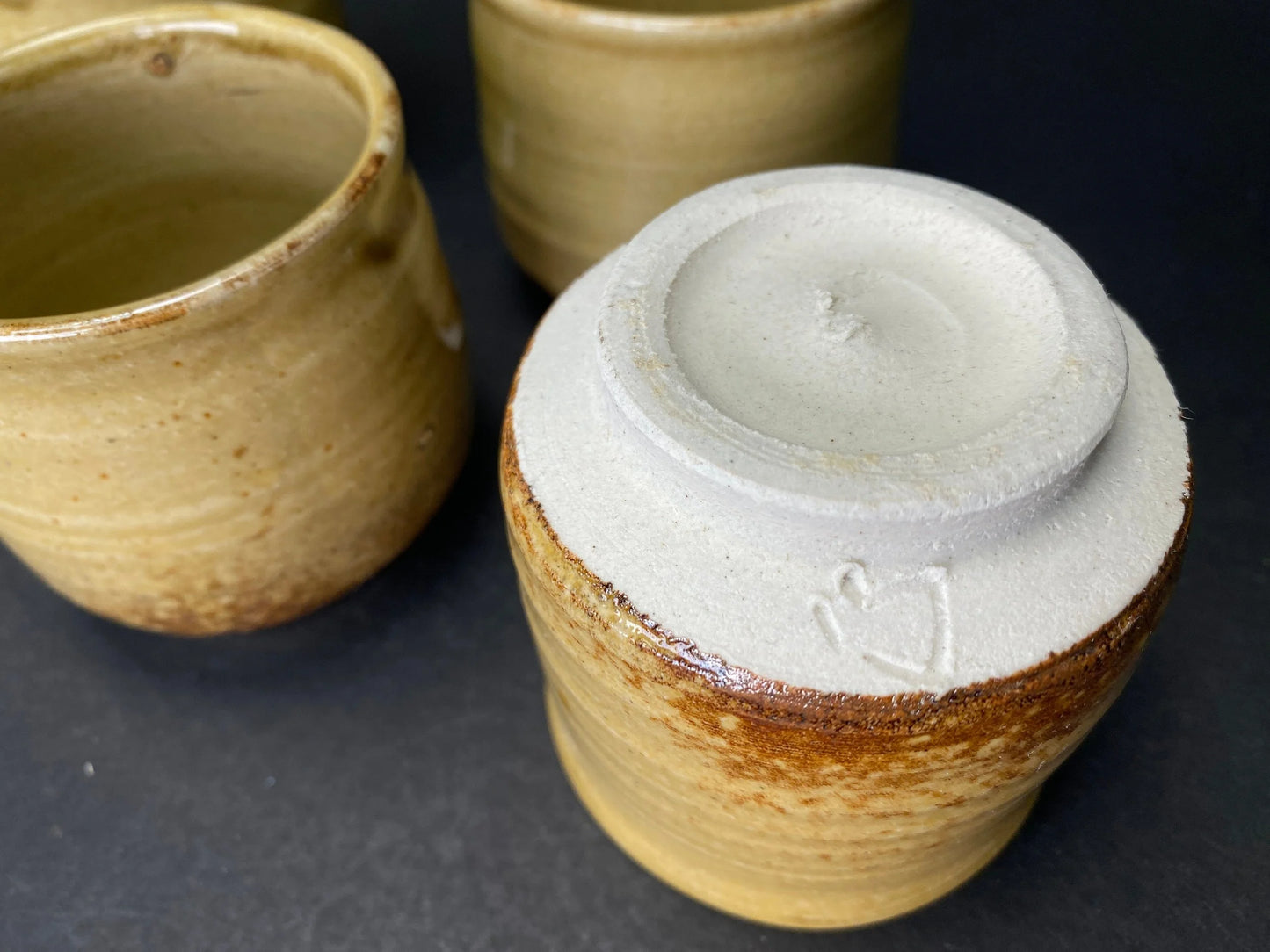 Sake Cups Set, Guinomi  Kiseto Seto Ware, Wabi Sabi wooden box signed, Yellow Ash glaze, Art Pottery