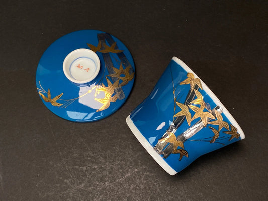 Japan Chawanmushi Egg Custard Bowl Cup: Porcelain Bule and Gold bamboo JAPAN MADE 2.7"