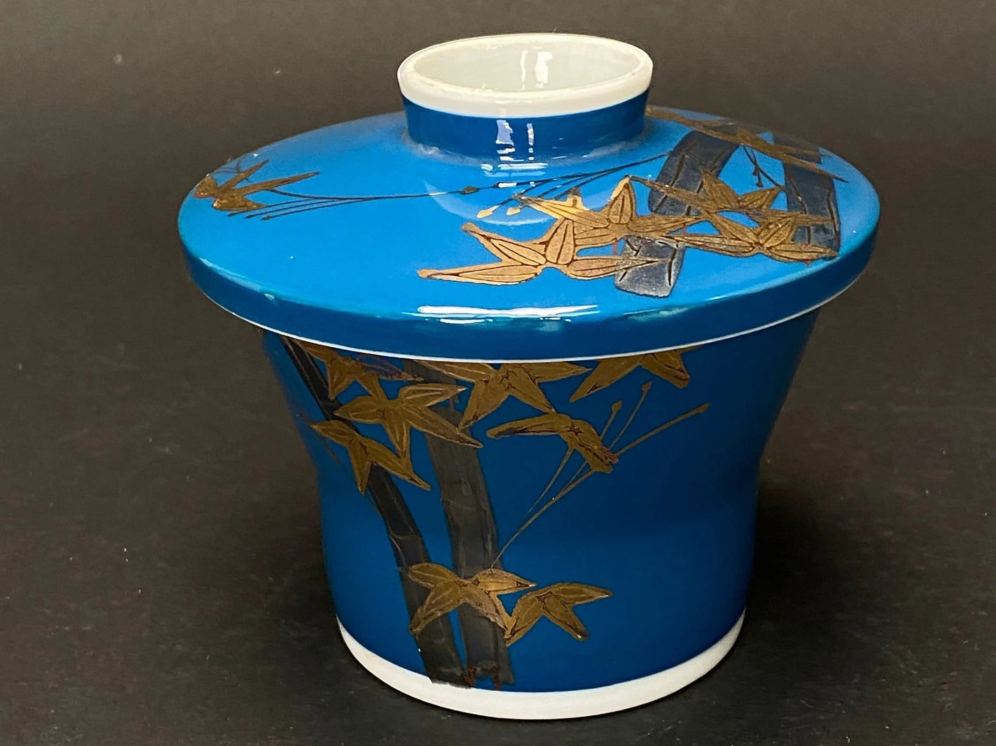 Japan Chawanmushi Egg Custard Bowl Cup: Porcelain Bule and Gold bamboo JAPAN MADE 2.7"
